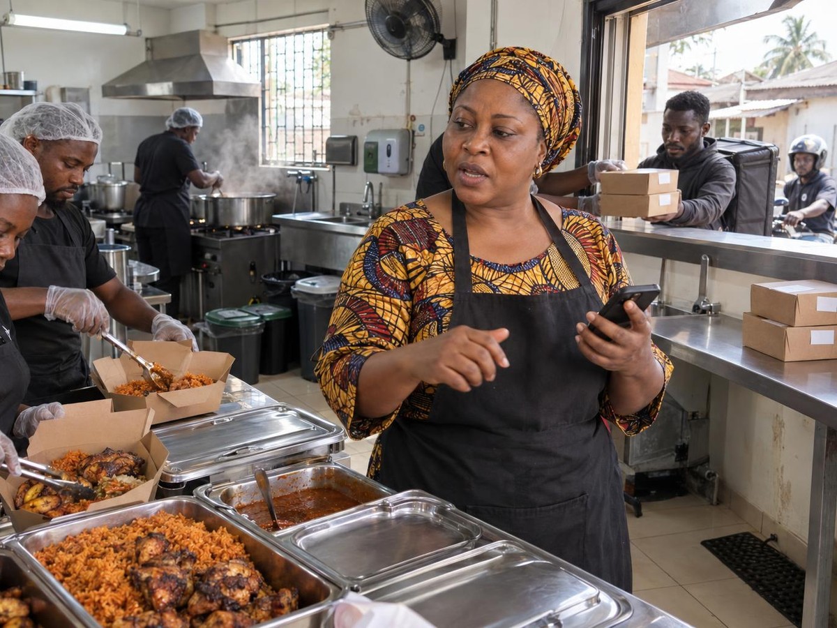 Dans la cuisine d'un traiteur, la gérante suit une commande sur son téléphone pendant que l'équipe prépare les repas et qu'un livreur récupère les commandes