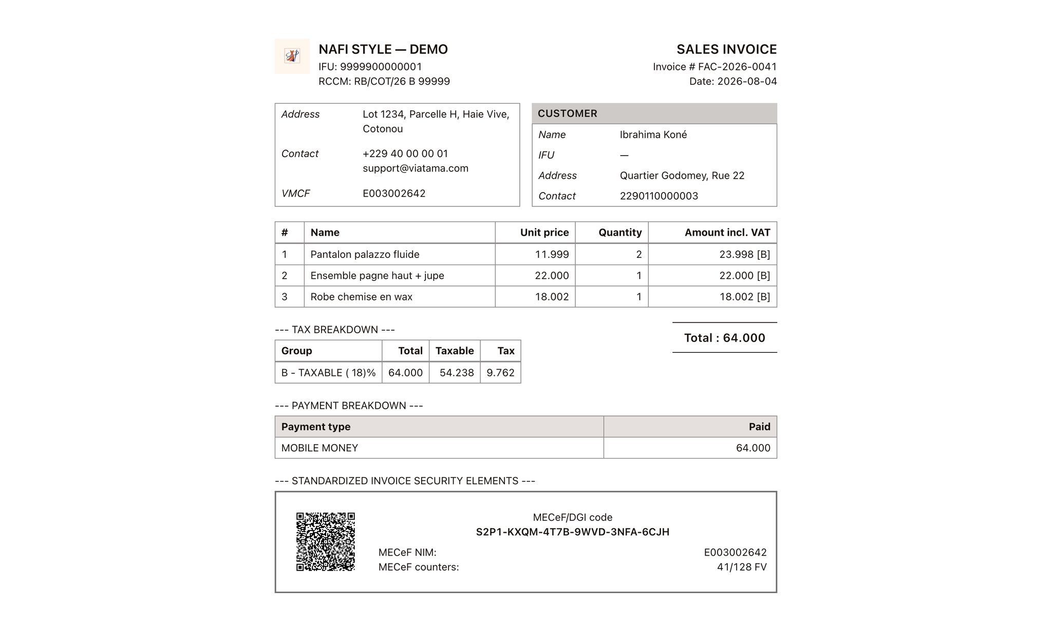 Your standardized invoices, issued from Tama